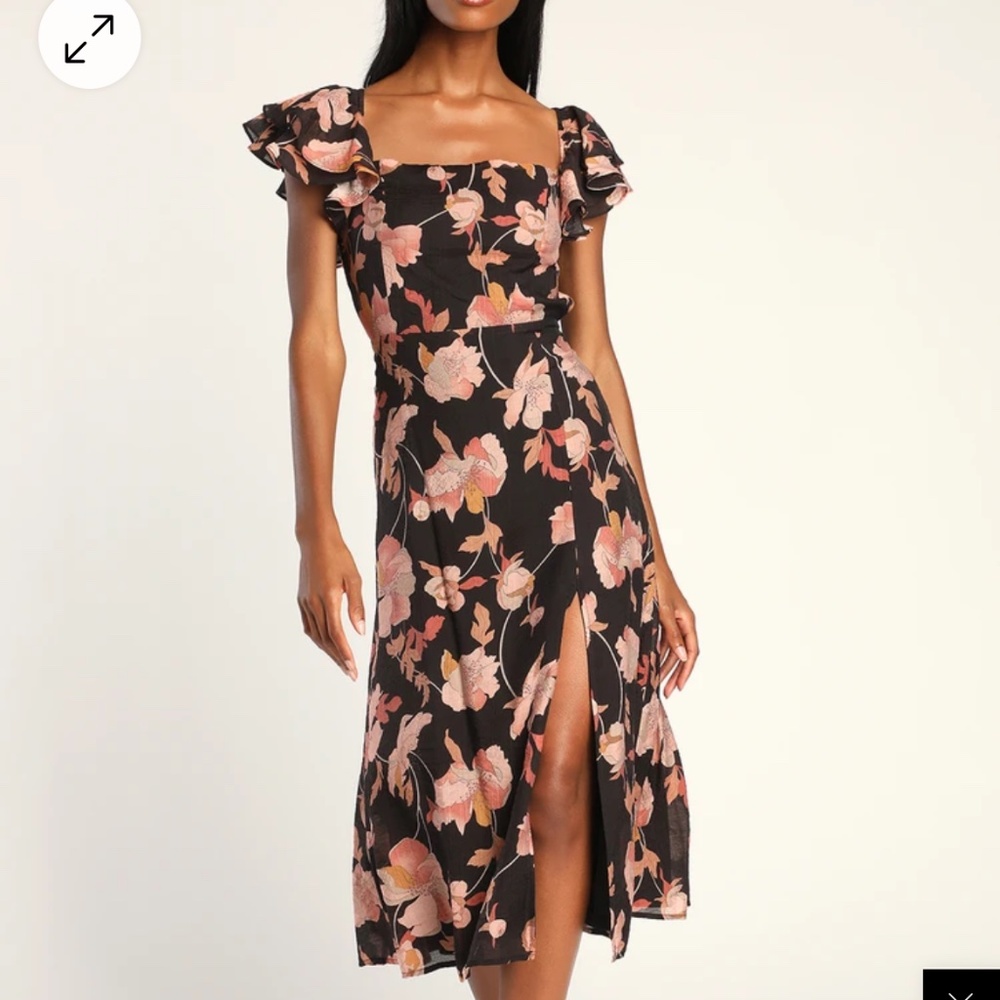 Lulus Precious Petals Black Floral Print Tie-Back Midi Dress